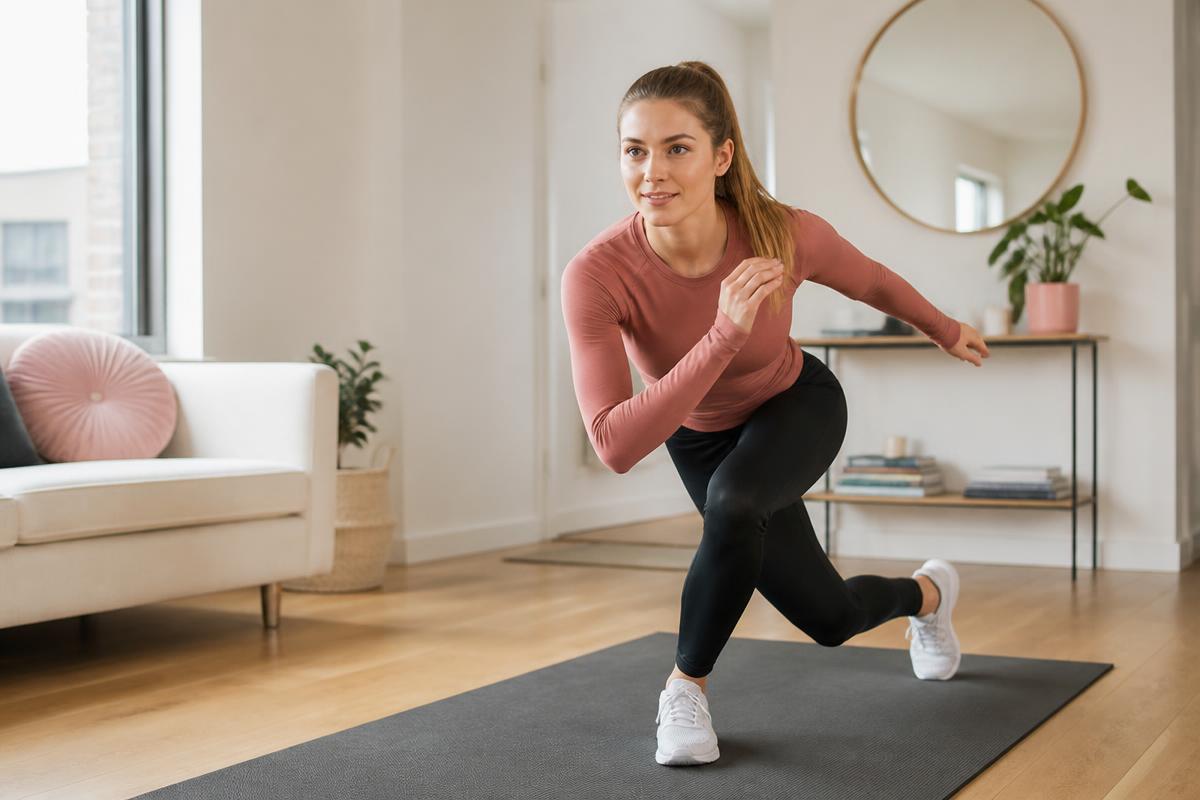 Woman doing a low-impact speed skater lunge on a mat at home