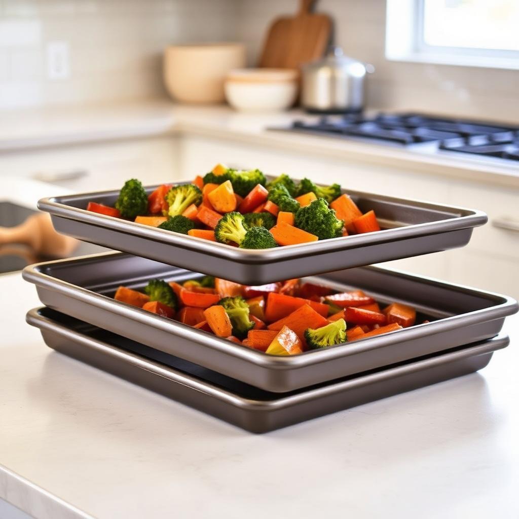 Stack of nonstick baking sheet pans with roasted vegetables