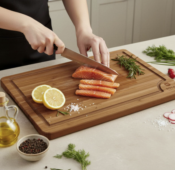 Set of three bamboo cutting boards on a bright kitchen counter with lemons