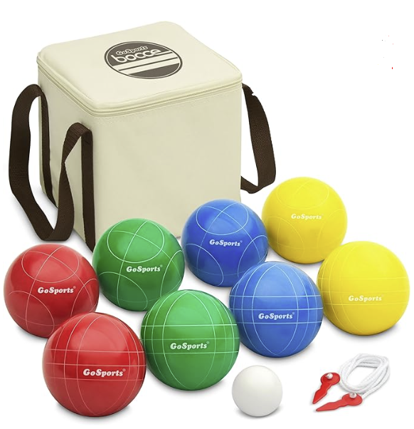 Colorful bocce ball set with carrying case and measuring rope