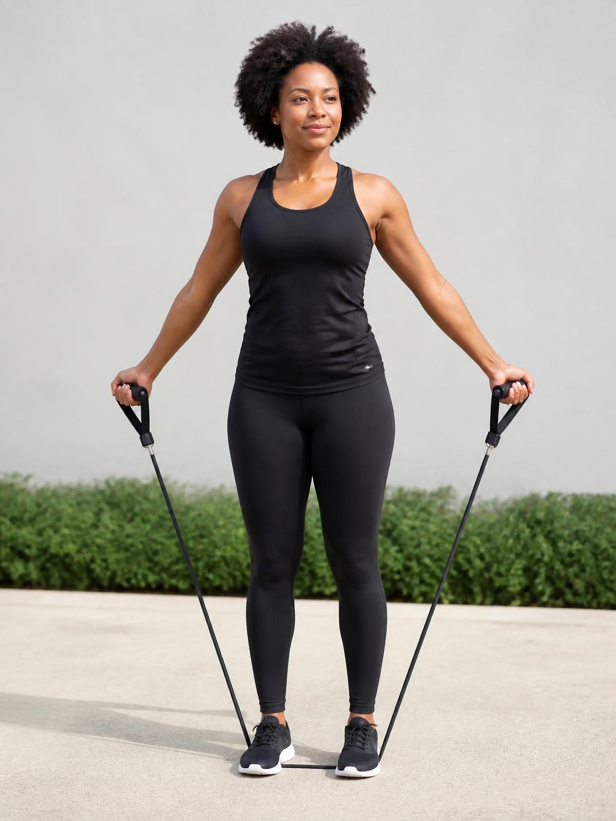Woman performing a resistance band chest opener at home