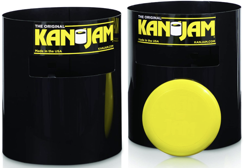 Two black Kan Jam cans with a yellow flying disc