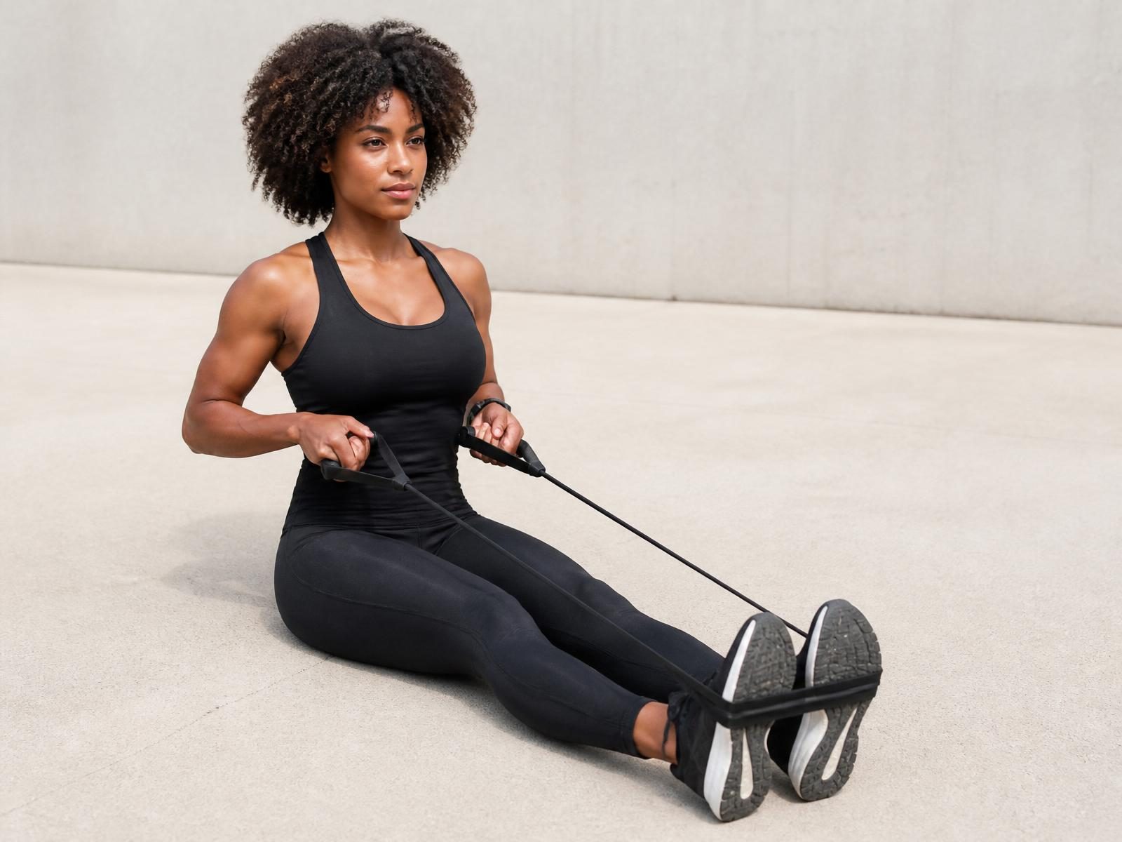 Woman performing a resistance band row at home