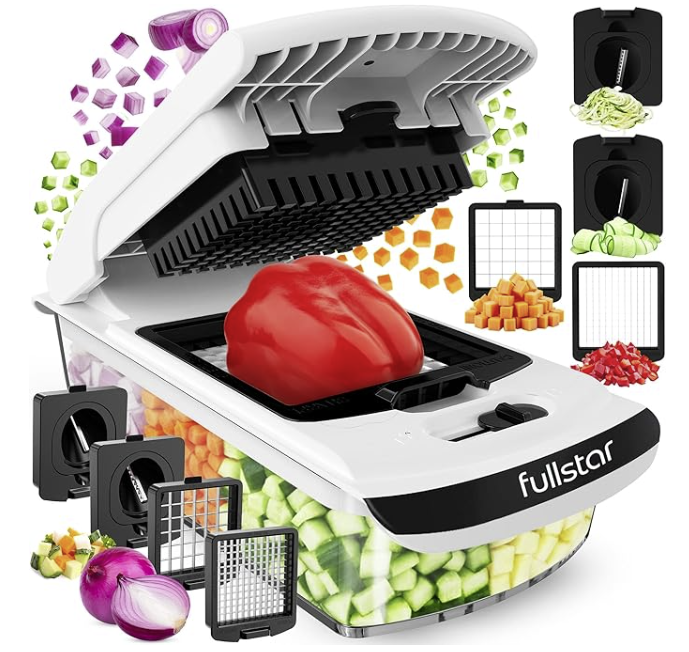 Vegetable chopper with freshly chopped onions and peppers on a wooden counter
