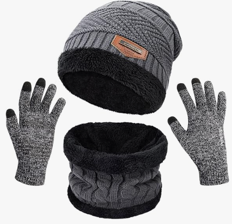 Fleece-lined wool blend beanie, touchscreen gloves and neck warmer scarf set in gray