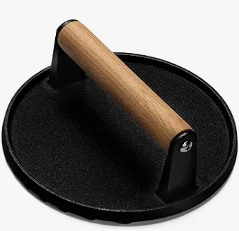 Heavy-duty cast iron burger press with wooden handle