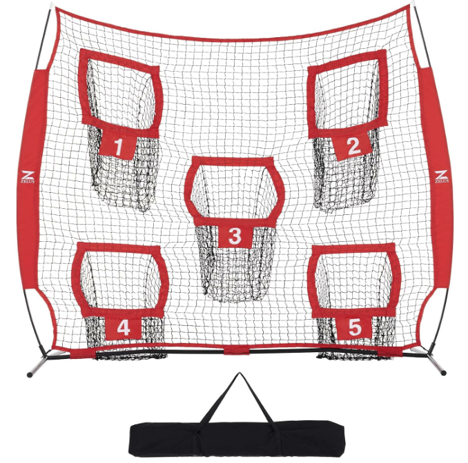 Football throwing target net with five numbered pockets