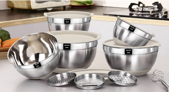Nested stainless steel mixing bowls with clear airtight lids