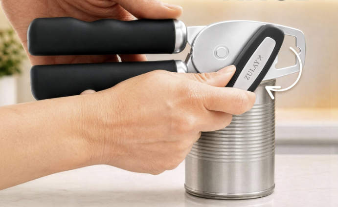 Heavy-duty stainless steel can opener beside a can of tomatoes