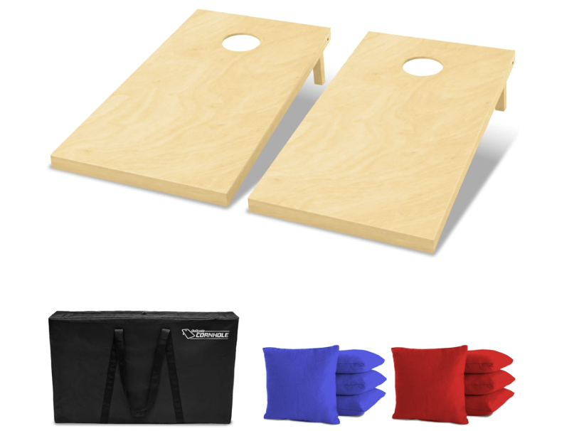 Wooden cornhole boards with red and blue bean bags and a carrying case