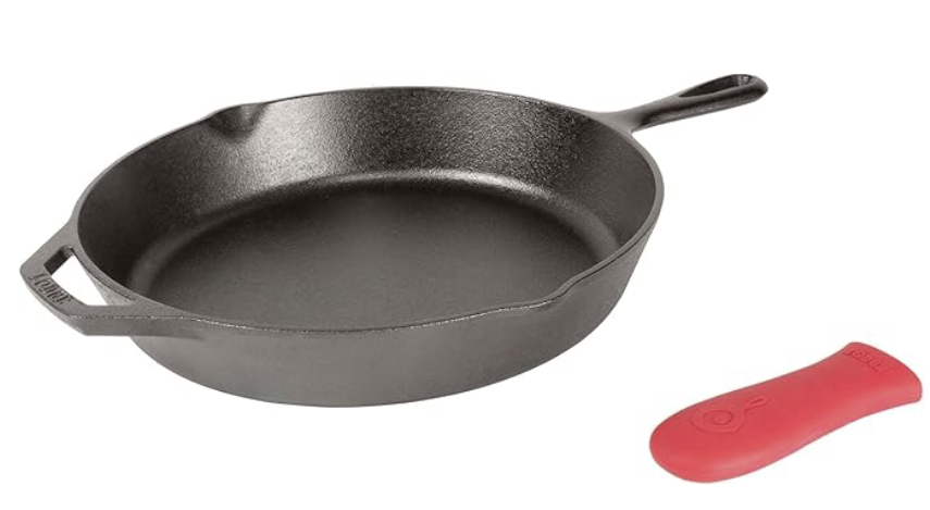 Lodge cast iron skillet with red silicone handle grip
