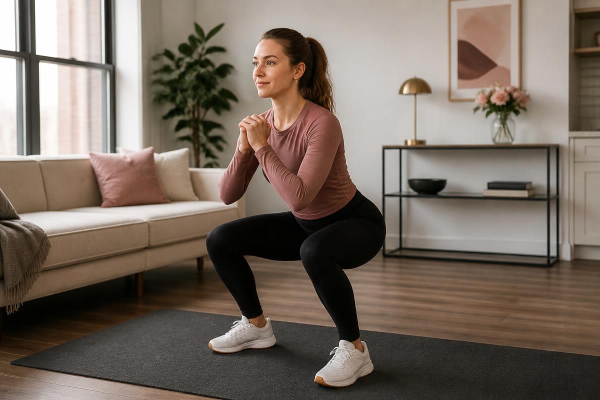 Woman holding a low squat pulse in a modern apartment