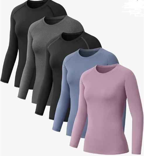Moisture-wicking long sleeve base layer shirts for women in five colors