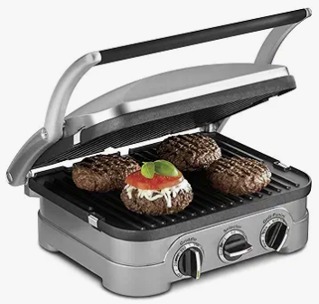 Cuisinart Griddler grilling burgers with stuffed mushroom