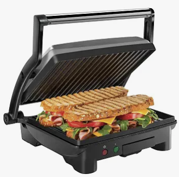 Chefman stainless steel panini press with a grilled sandwich