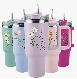 Personalized insulated stainless steel tumblers with floral designs and names