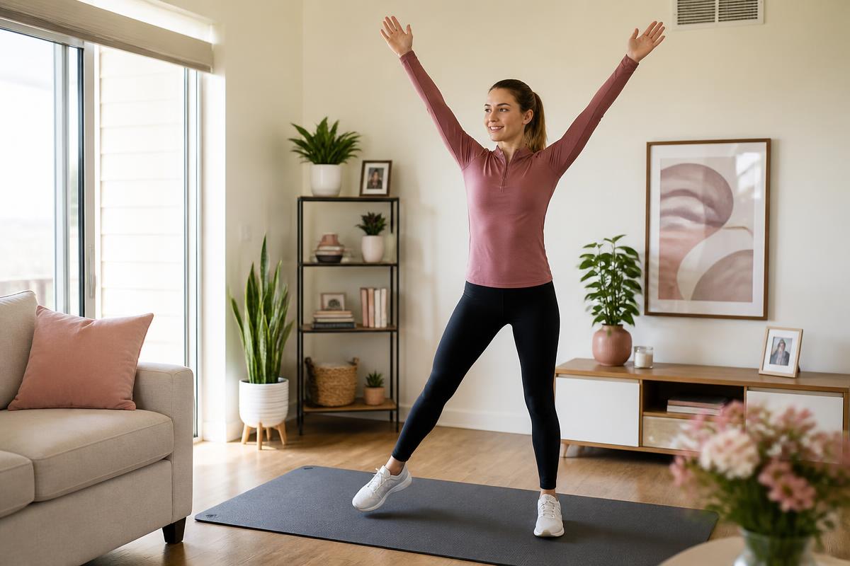 Woman doing step jacks in a bright apartment living room