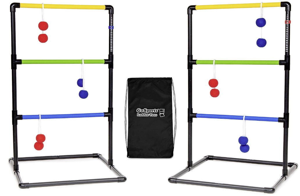 Ladder toss game set with red and blue ball bolas and carrying bag